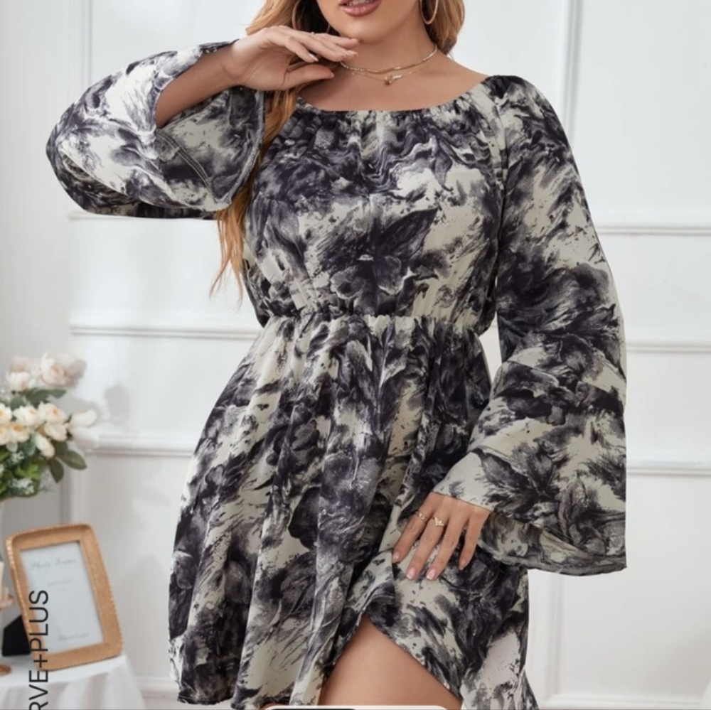 SHEIN Curve Black White Tie-dye trumpet sleeve dress size XL